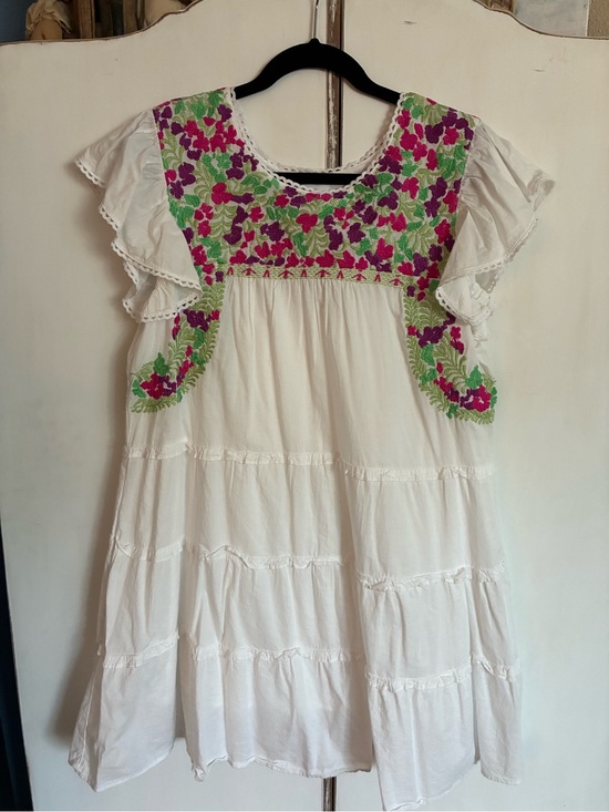 J.Marie Dresses & Skirts - White Embroidered Flutter-Sleeve Dress with Pink & Green Em Floral Accents